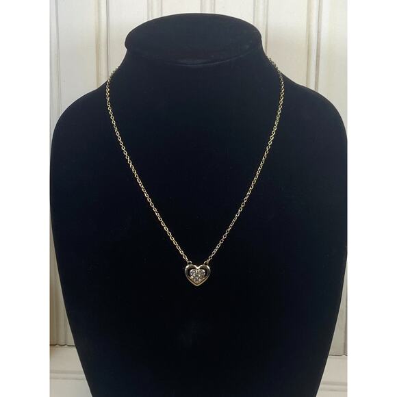 Gold Tone 2 Heart 1 Open 1 Rhinestone Classy Dainty Pendant Necklace - Picture 2 of 9